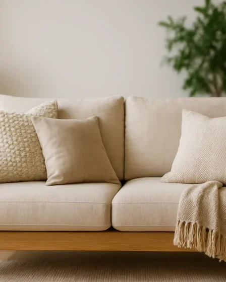 ambiente aconchegante materiais naturais Sofá elegante revestido com tecidos naturais como algodão e linho, detalhes em madeira clara, almofadas e mantas de fibras naturais em sala organizada com planta verde ao fundo