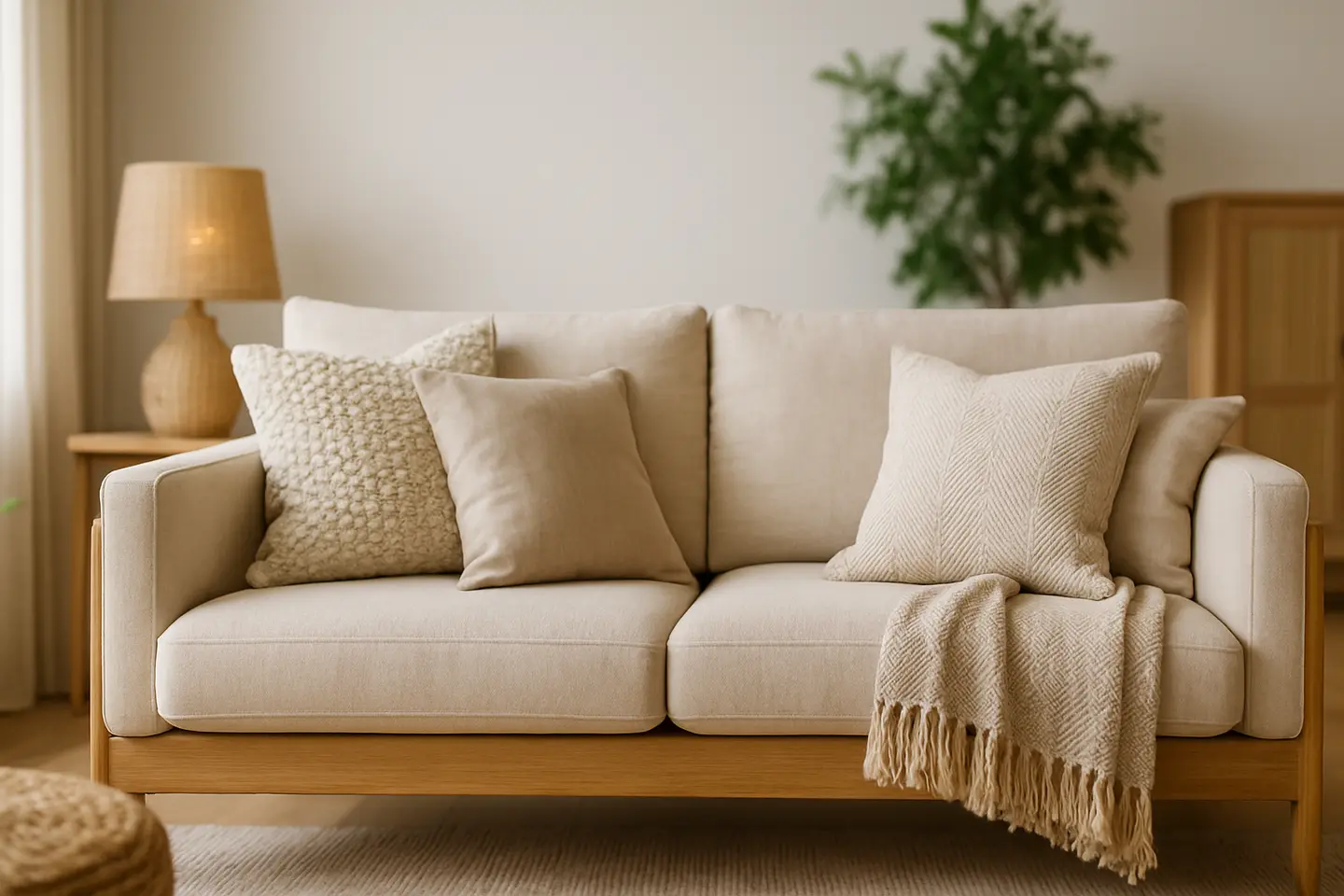 ambiente aconchegante materiais naturais Sofá elegante revestido com tecidos naturais como algodão e linho, detalhes em madeira clara, almofadas e mantas de fibras naturais em sala organizada com planta verde ao fundo