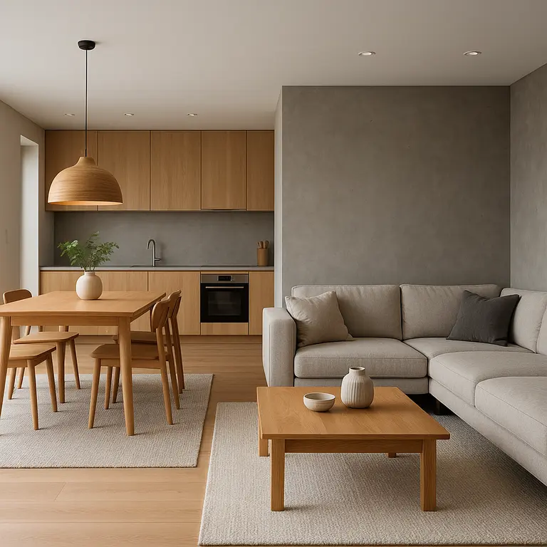 Ambiente integrado de sala de estar e cozinha moderna com móveis multifuncionais e decoração elegante