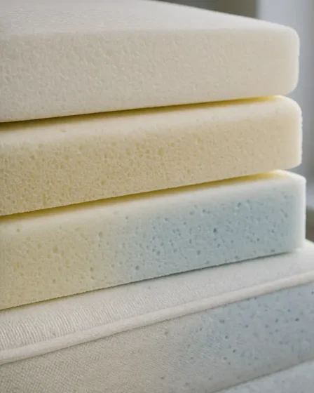 amostras espumas densidade colchao Close-up de amostras de espuma de colchão em camadas mostrando diferentes níveis de densidade e texturas de poliuretano e memory foam