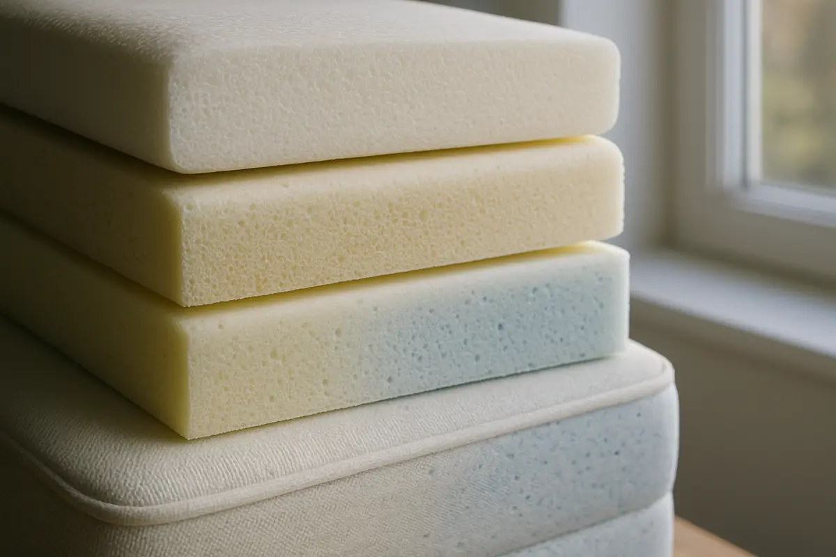 amostras espumas densidade colchao Close-up de amostras de espuma de colchão em camadas mostrando diferentes níveis de densidade e texturas de poliuretano e memory foam