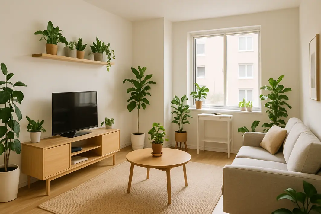 Apartamento moderno com sala de estar compacta iluminada por luz natural e plantas verdes em prateleiras e mesas