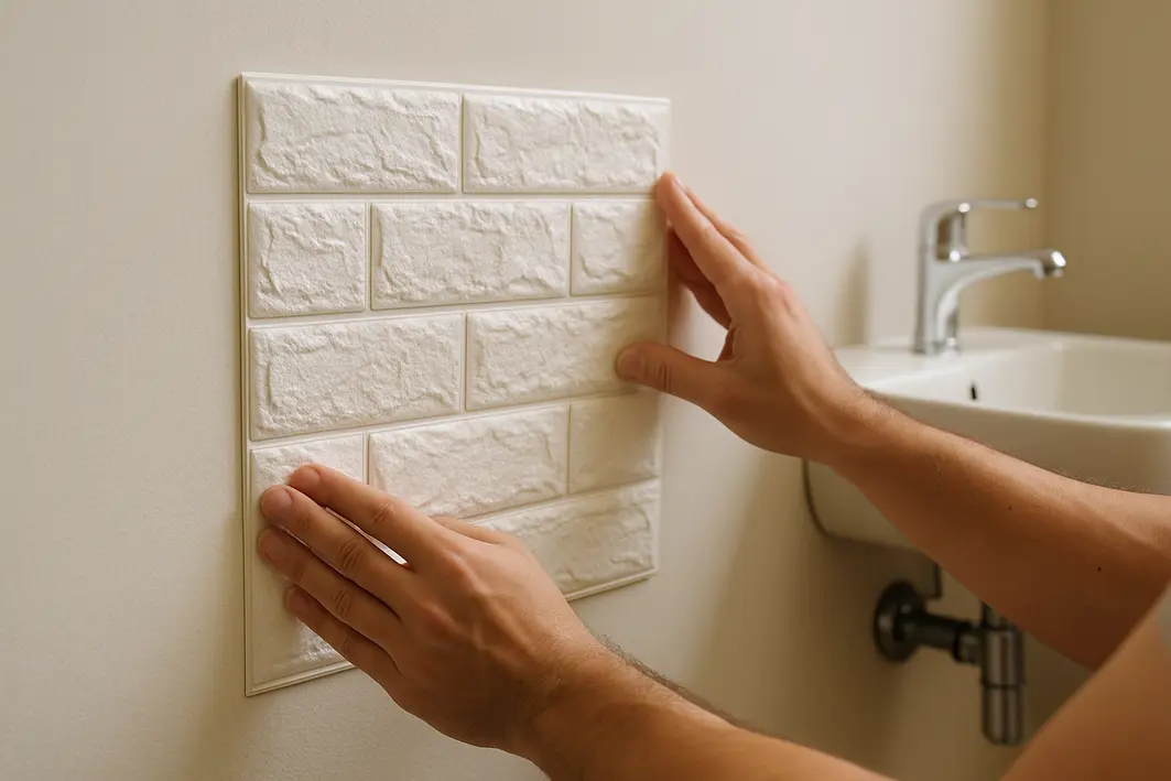 Mãos aplicando adesivo 3D texturizado em parede lisa de banheiro com pia ao fundo