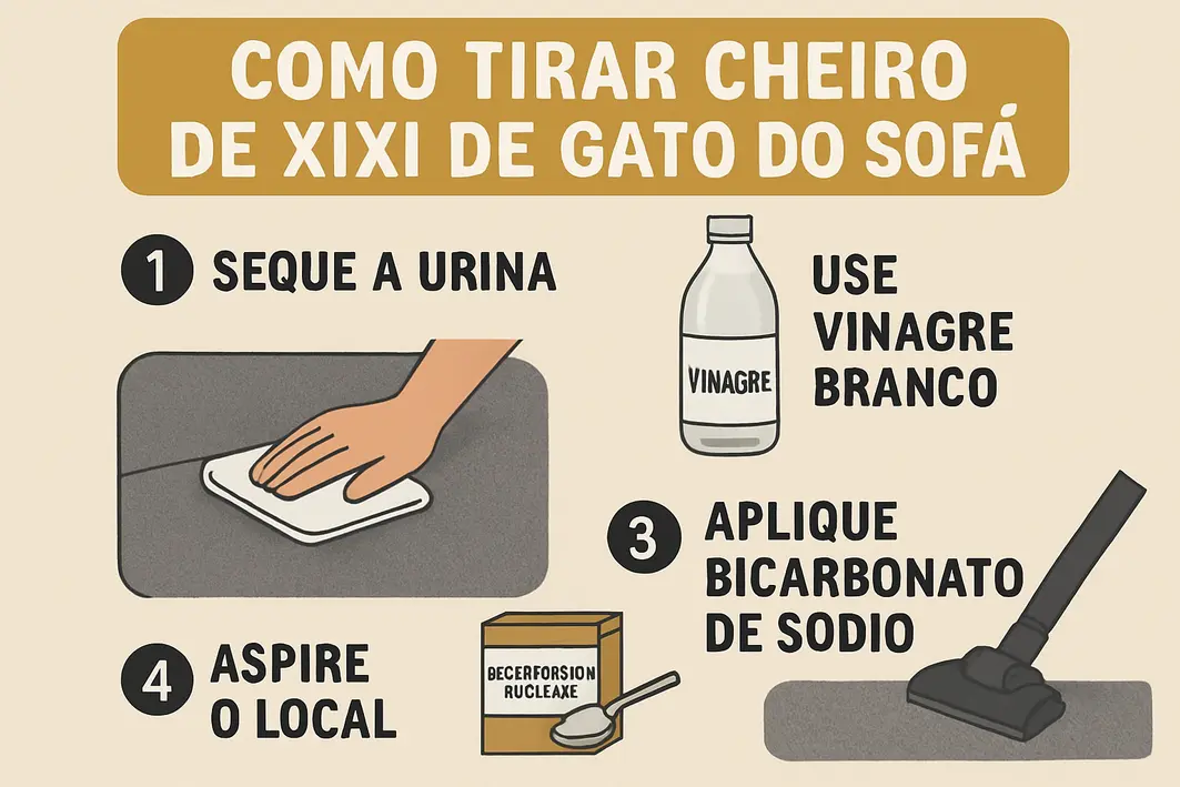 Pessoa borrifando solução caseira em mancha de xixi de gato no sofá claro com foco nas mãos e borrifador
