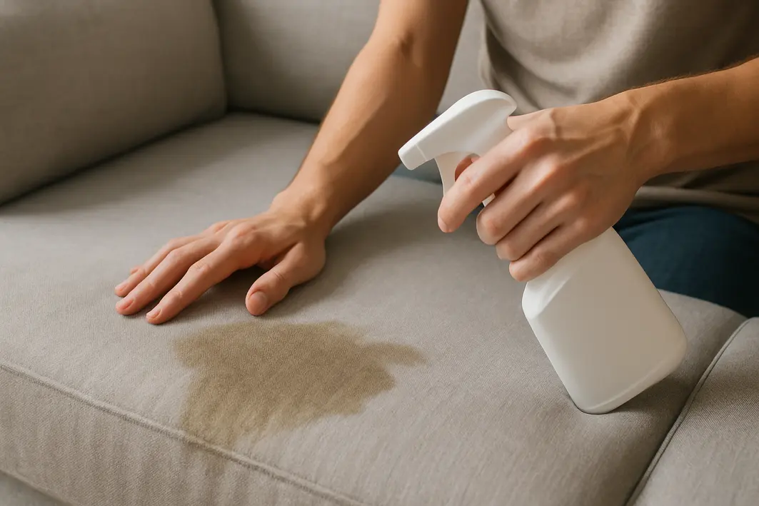 Pessoa aplicando produto de limpeza em spray sobre mancha de urina em sofa de tecido