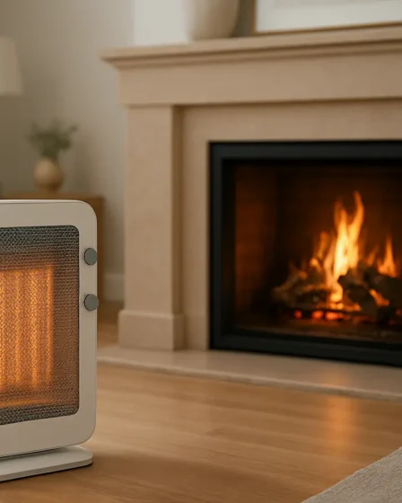 aquecedor lareira moderna sala estar Aquecedor eletrico moderno ao lado de lareira a lenha acesa em sala de estar elegante