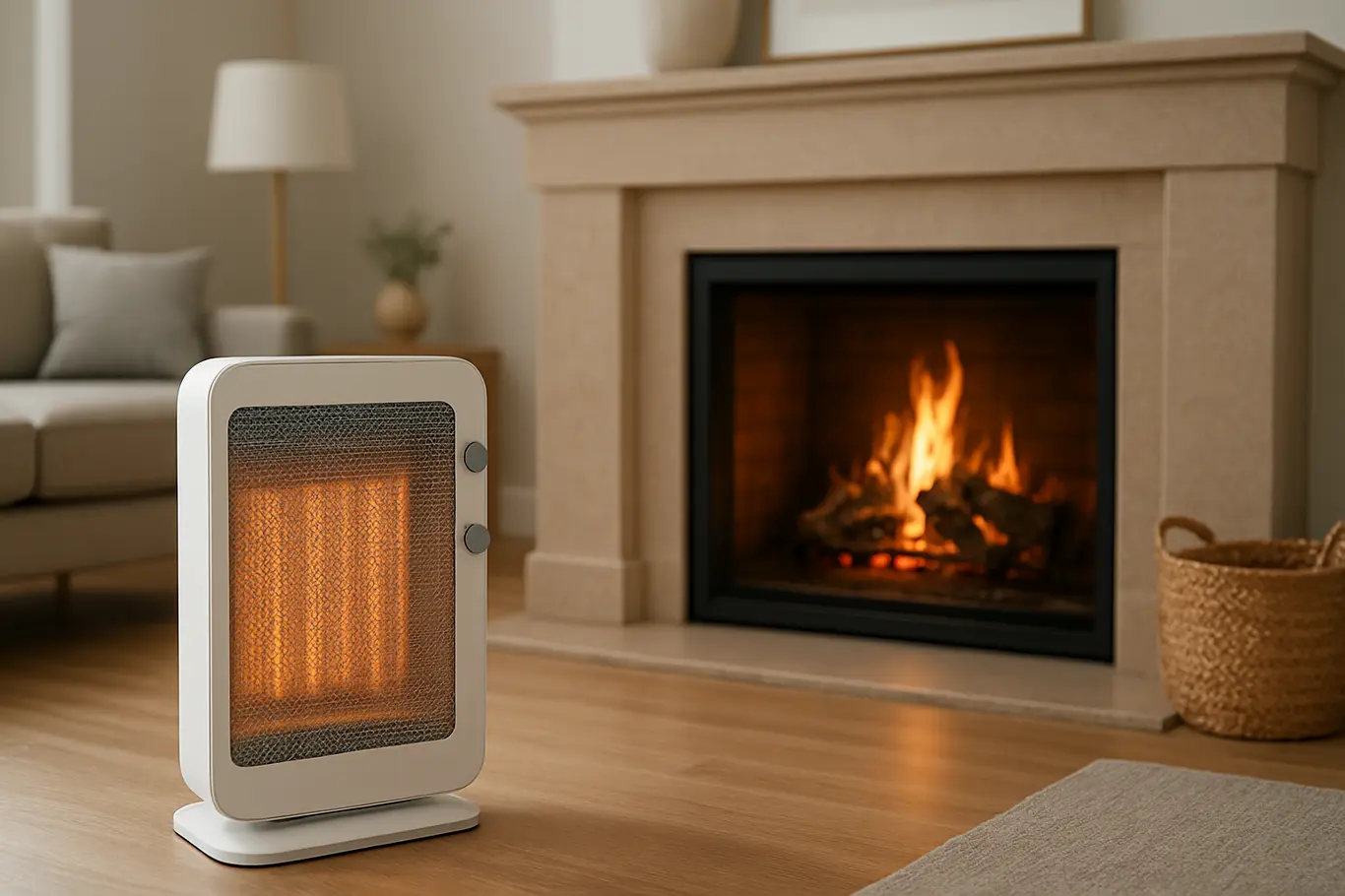 aquecedor lareira moderna sala estar Aquecedor eletrico moderno ao lado de lareira a lenha acesa em sala de estar elegante