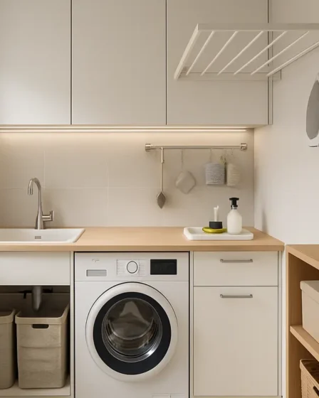 area de servico moderna organizada Área de serviço compacta moderna com tanque embutido máquina de lavar vestuário varal retrátil armários aéreos em madeira clara e branco