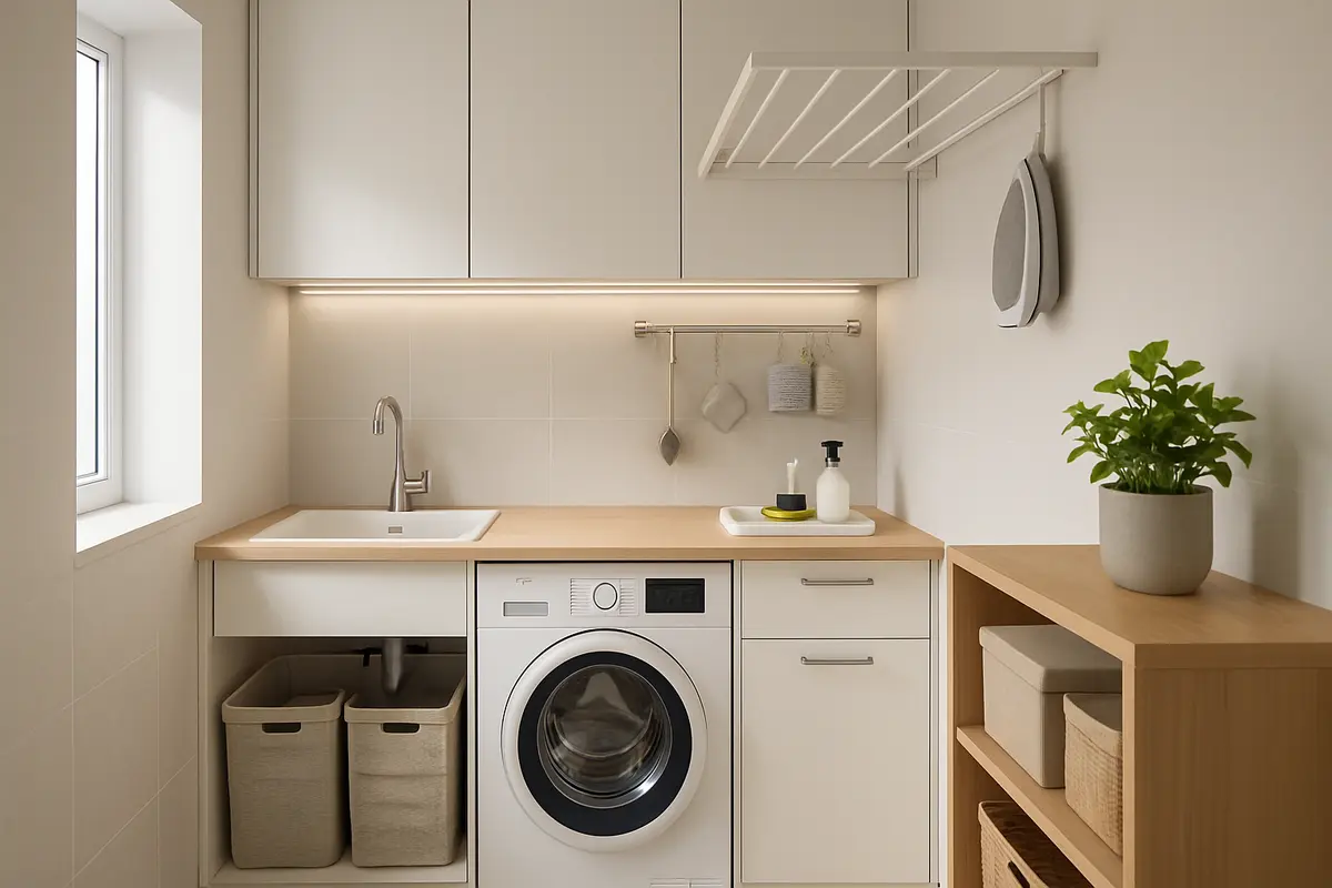 area de servico moderna organizada Área de serviço compacta moderna com tanque embutido máquina de lavar vestuário varal retrátil armários aéreos em madeira clara e branco