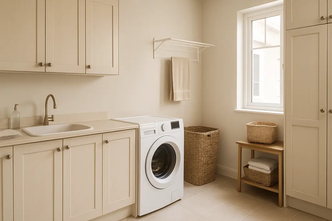 Área de serviço residencial ampla organizada com armários planejados, tanque, máquina de lavar e espaço de secagem integrado