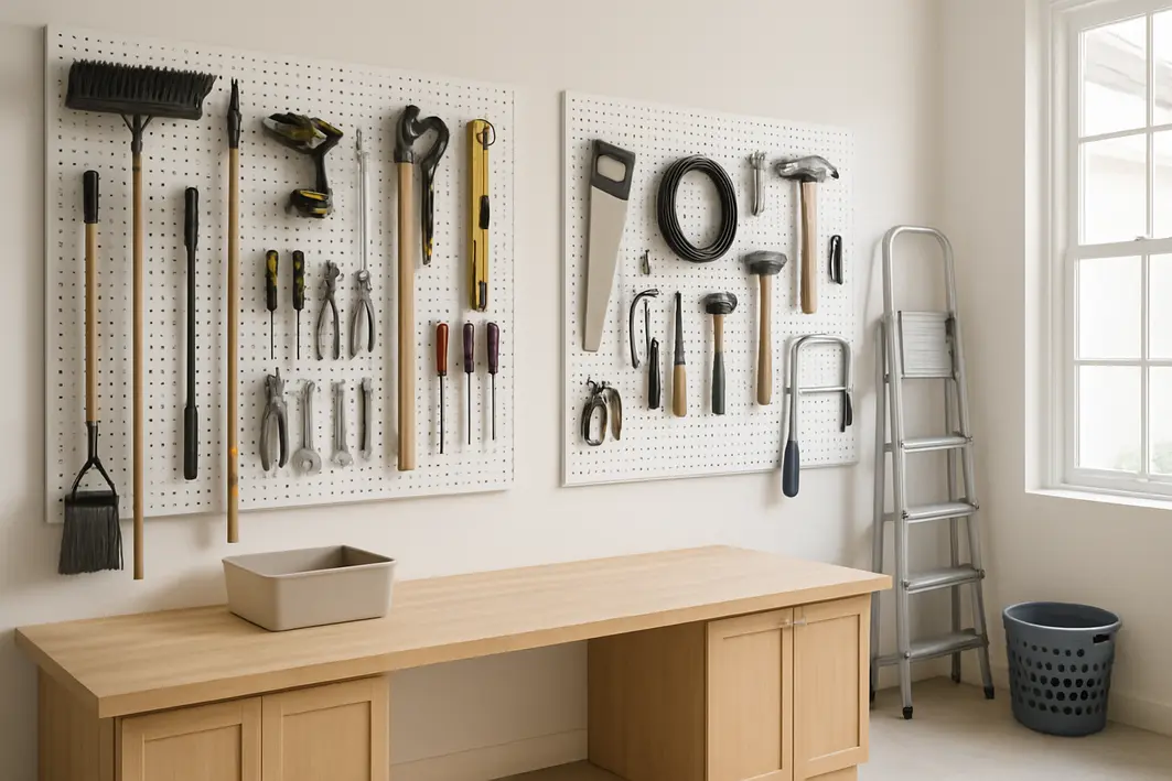 Painel compacto com diversas ferramentas organizadas em área residencial ampla e iluminada