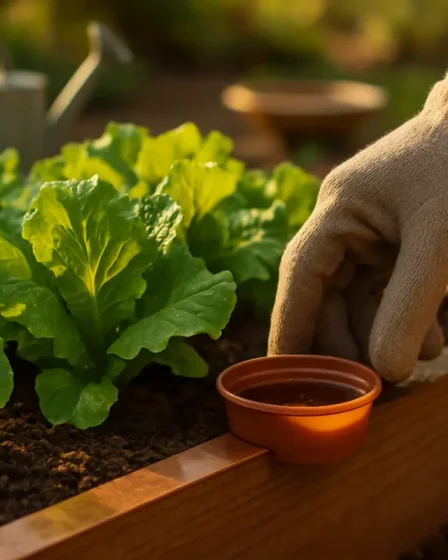 armadilha caramujo canteiro alface Mão com luva colocando armadilha rasa com líquido âmbar no canteiro de alface em horta com fita de cobre na borda