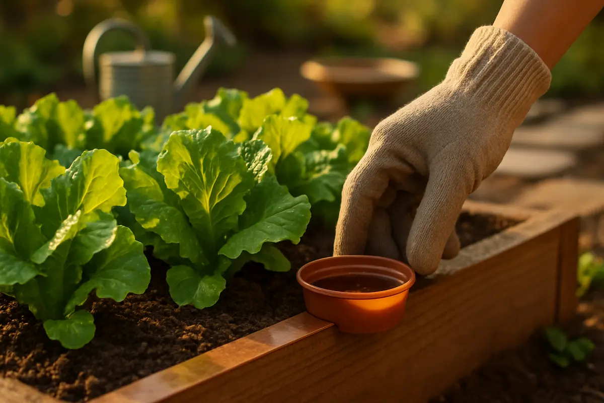 armadilha caramujo canteiro alface Mão com luva colocando armadilha rasa com líquido âmbar no canteiro de alface em horta com fita de cobre na borda
