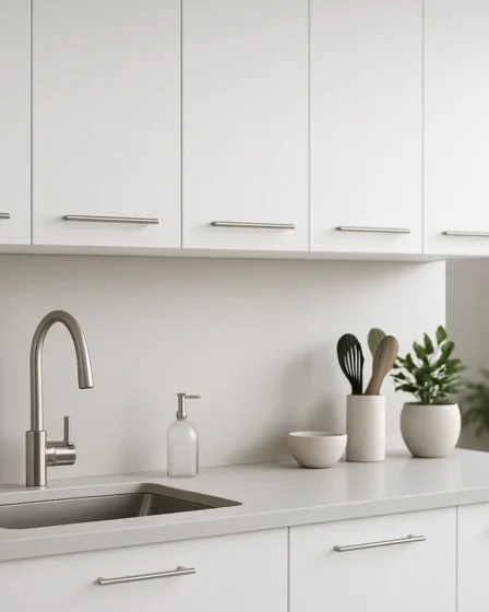 armarios brancos cozinha modernos minimalistas Cozinha moderna com armários brancos lisos e puxadores metálicos