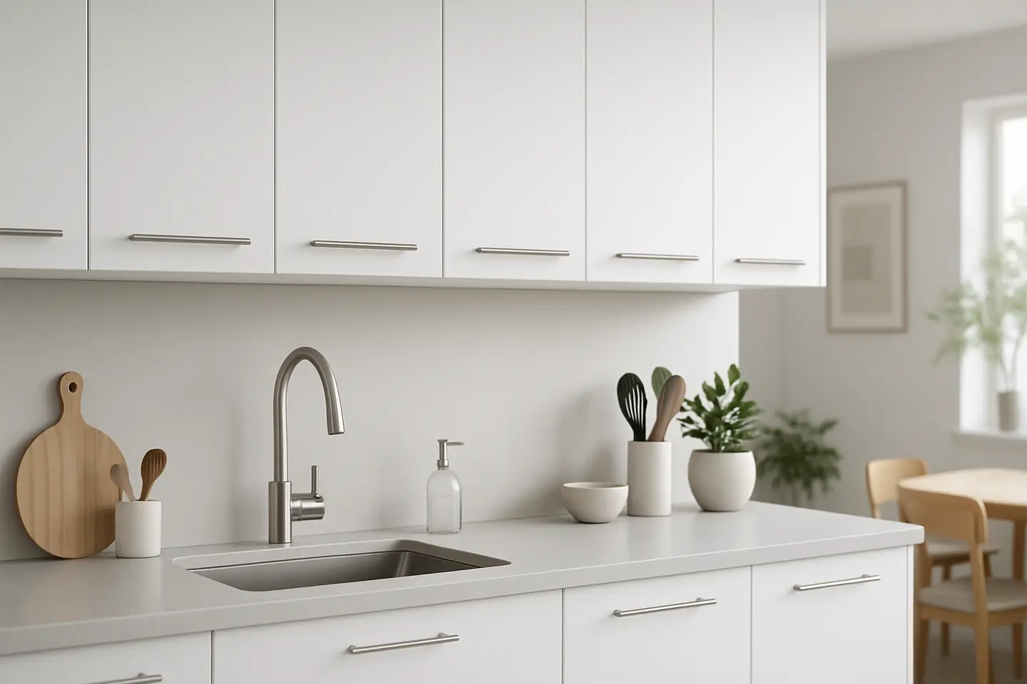 armarios brancos cozinha modernos minimalistas Cozinha moderna com armários brancos lisos e puxadores metálicos