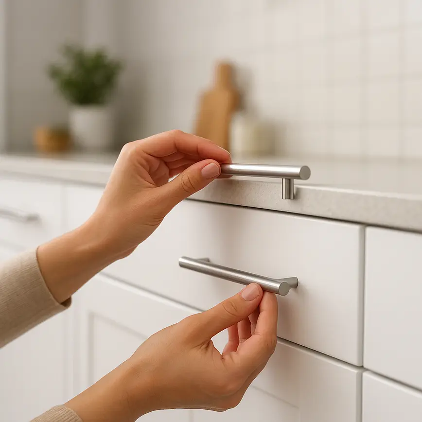 Armários brancos de cozinha com puxadores modernos e bancada organizada