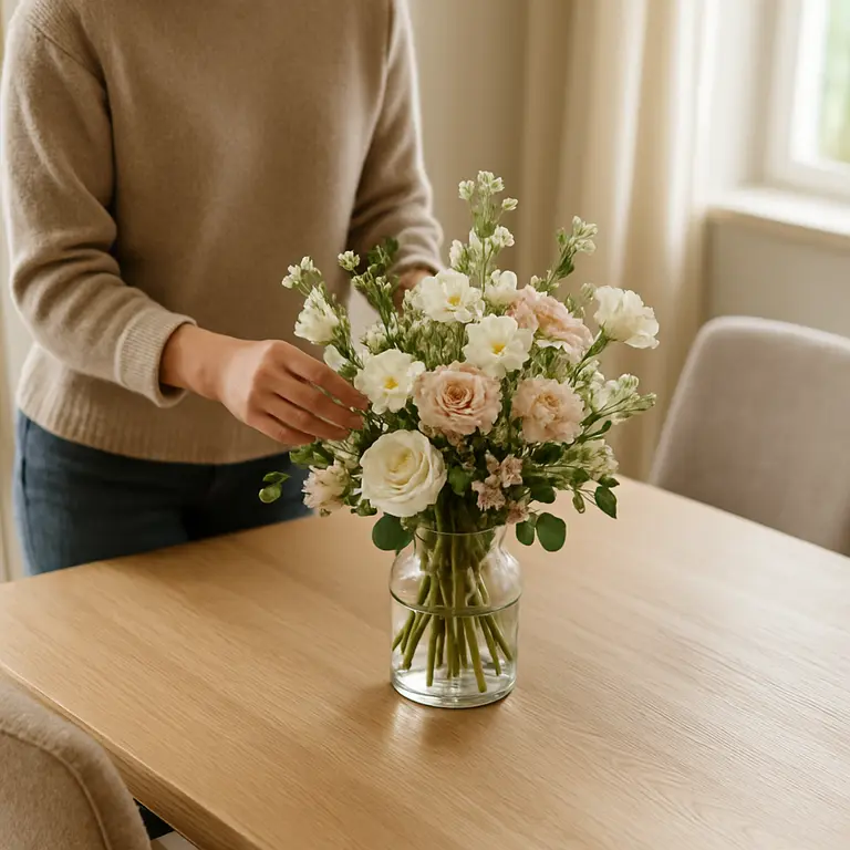 Pessoa ajustando arranjo de flores frescas em mesa de jantar moderna de madeira clara com cadeiras estofadas neutras