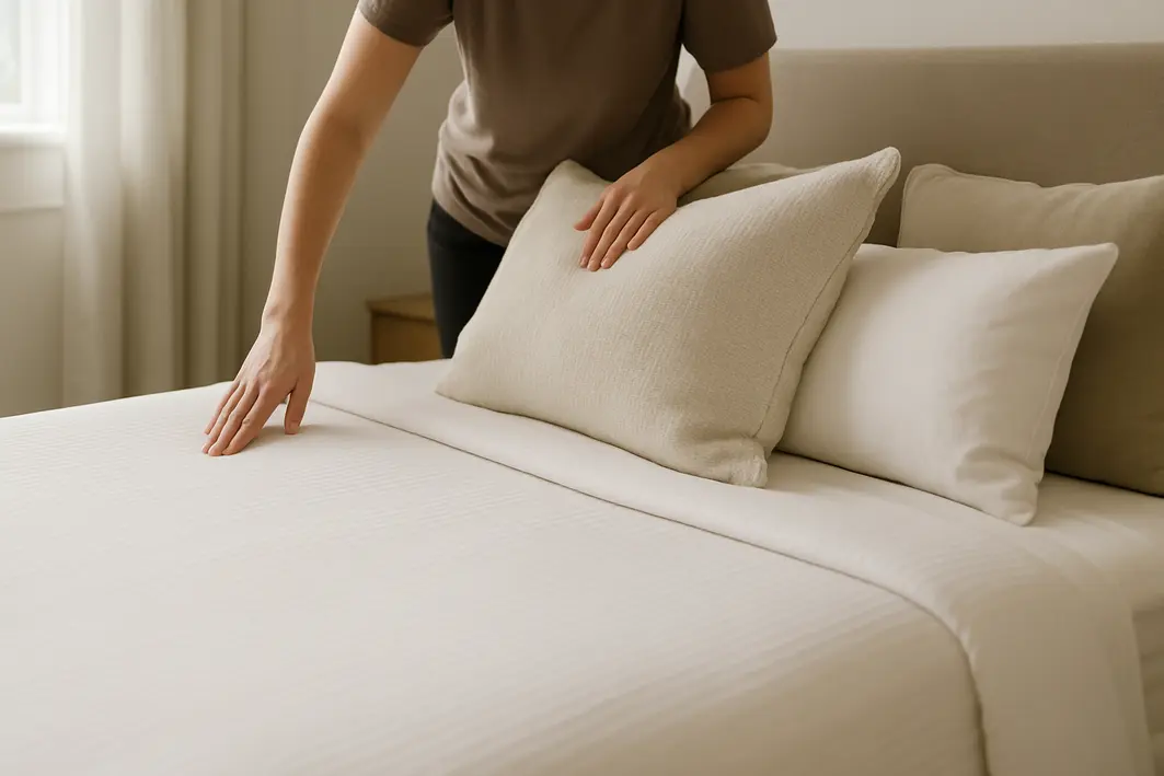 Pessoa arrumando cama estilo hotel com almofadas e sobrecama alinhada em quarto iluminado