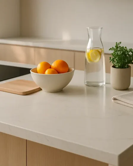 balcao cozinha pedra sintetica Balcão de cozinha moderna com bancada em pedra sintética branca creme com veios cinza e detalhes em madeira clara