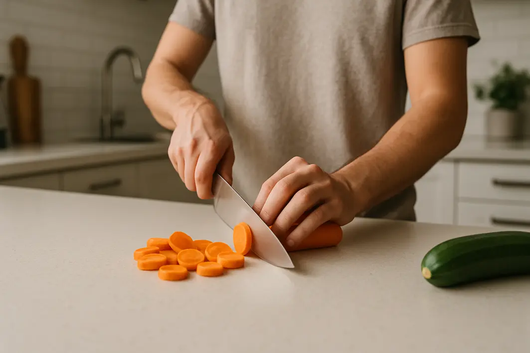 Balcão de cozinha com pedra sintética clara, mãos cortando legumes com faca sobre a bancada lisa e uniforme