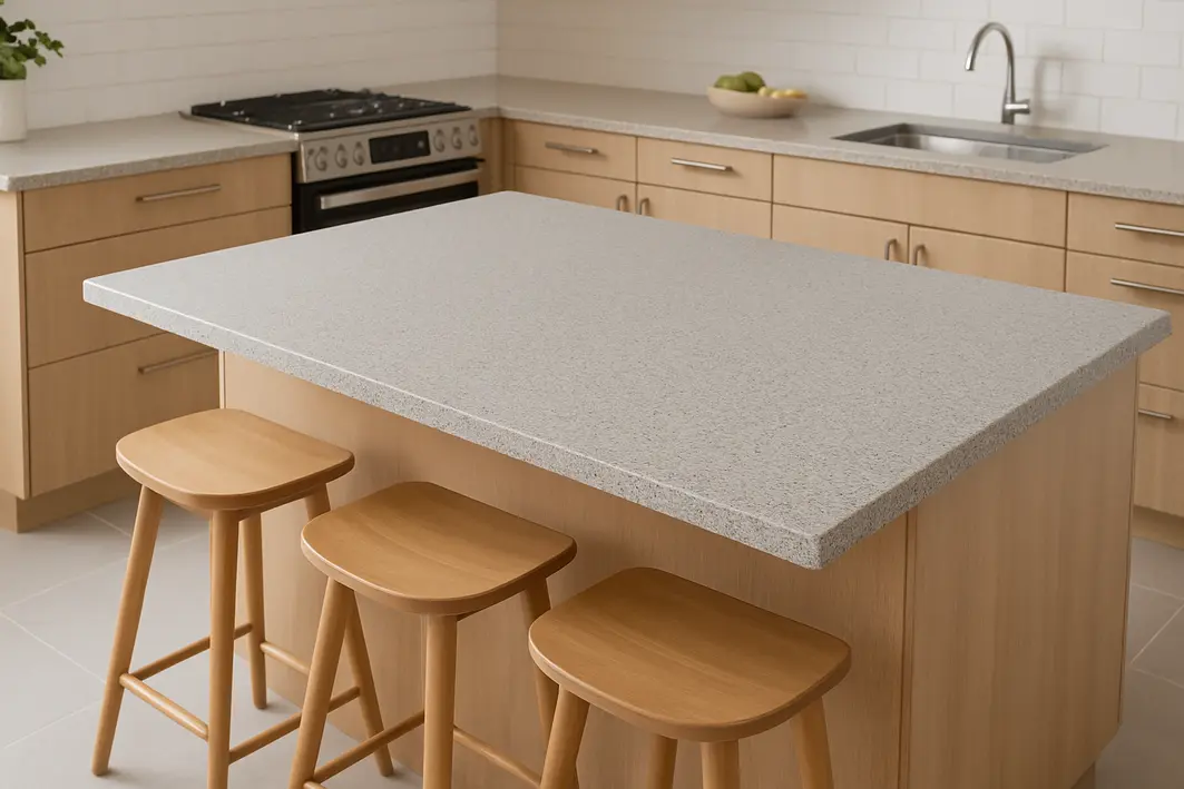 Cozinha moderna com balcão de pedra sintética em plano médio e mão ajustando objetos decorativos