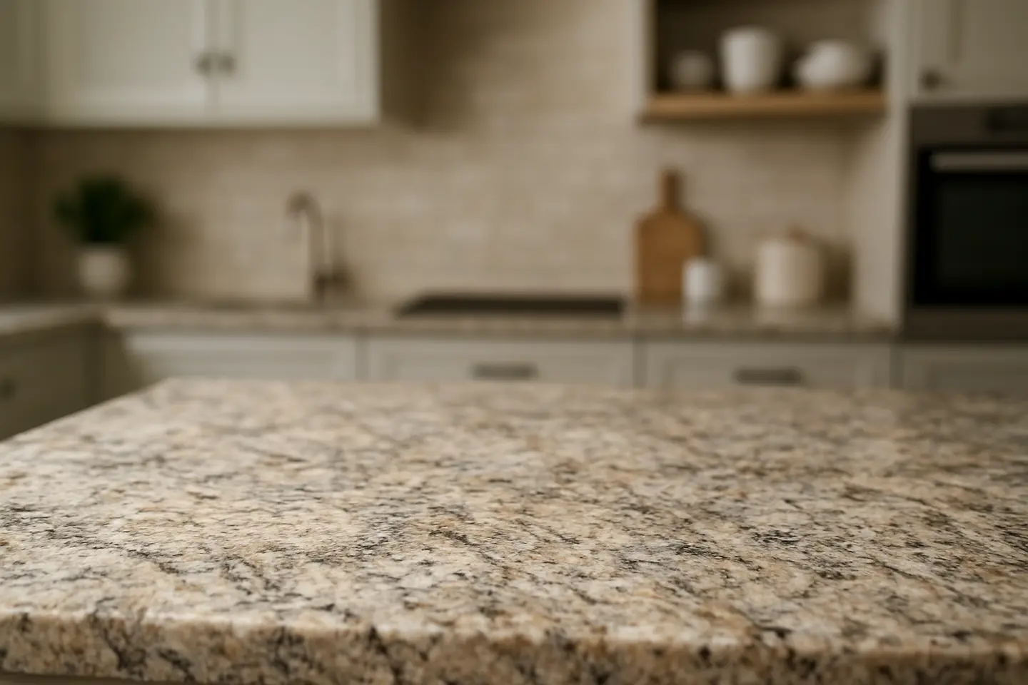 bancada cozinha granito tons suaves 1 Bancada de cozinha com superfície de granito em tons suaves e textura natural detalhada