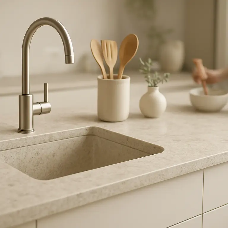 Bancada de cozinha moderna com granito em tons suaves e metais foscos