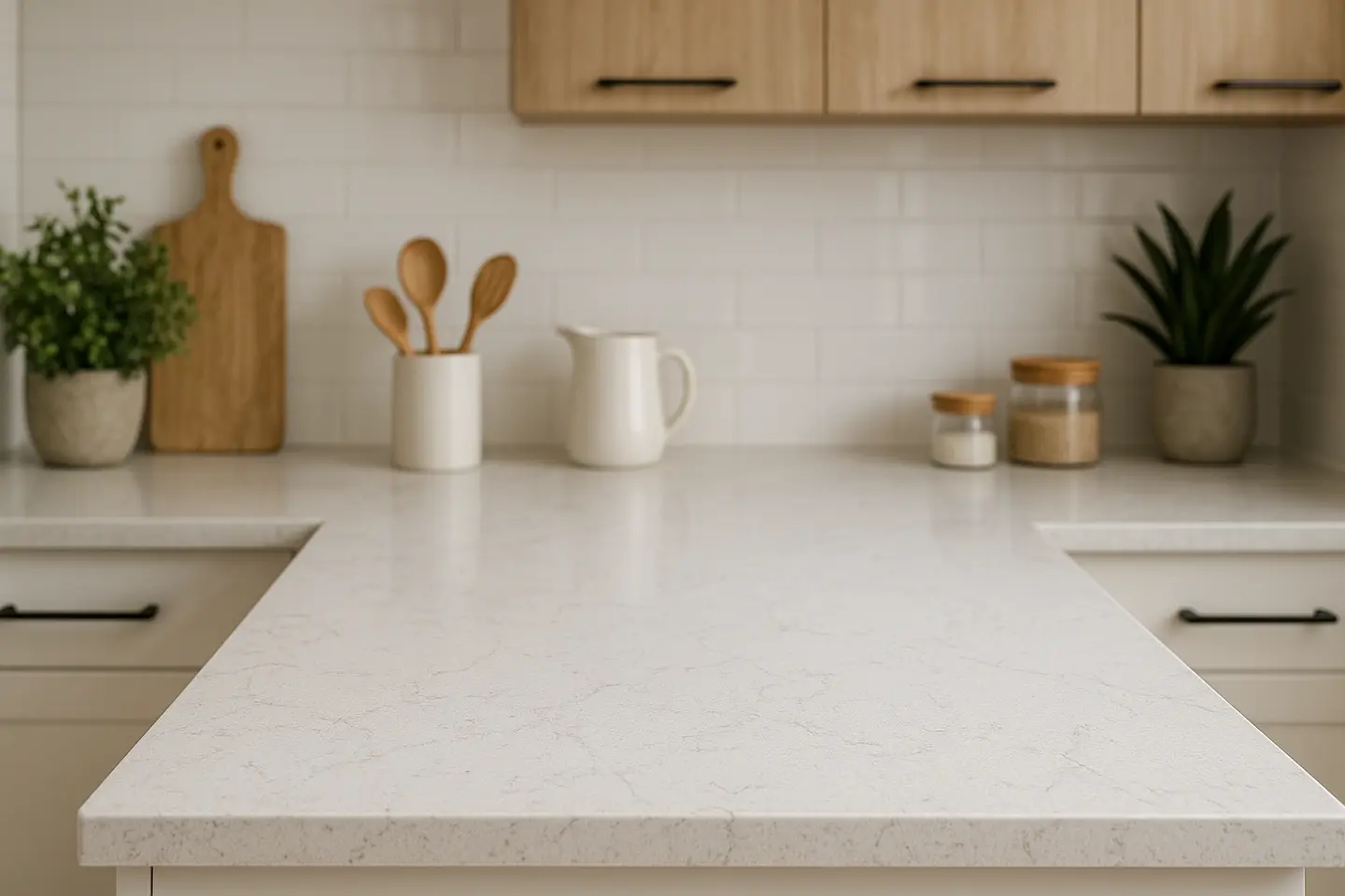 bancada quartzo cozinha moderna 1 Bancada de quartzo limpa e organizada em cozinha moderna com utensílios minimalistas e plantas decorativas