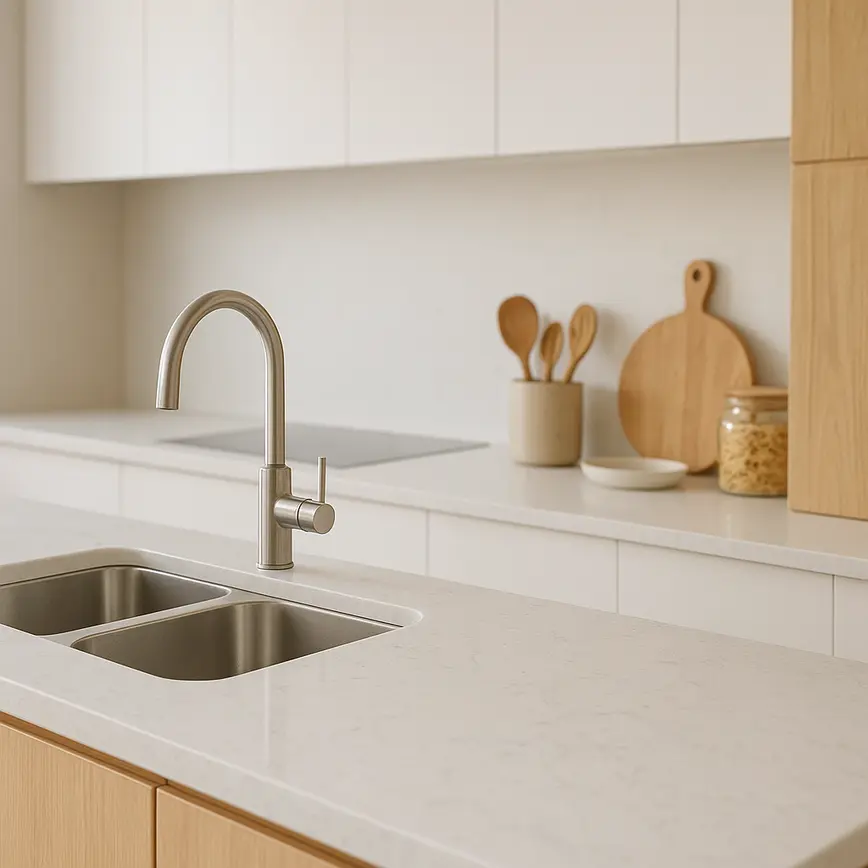 Bancada de cozinha moderna com superfície de quartzo polido e armários brancos minimalistas com detalhes em madeira clara