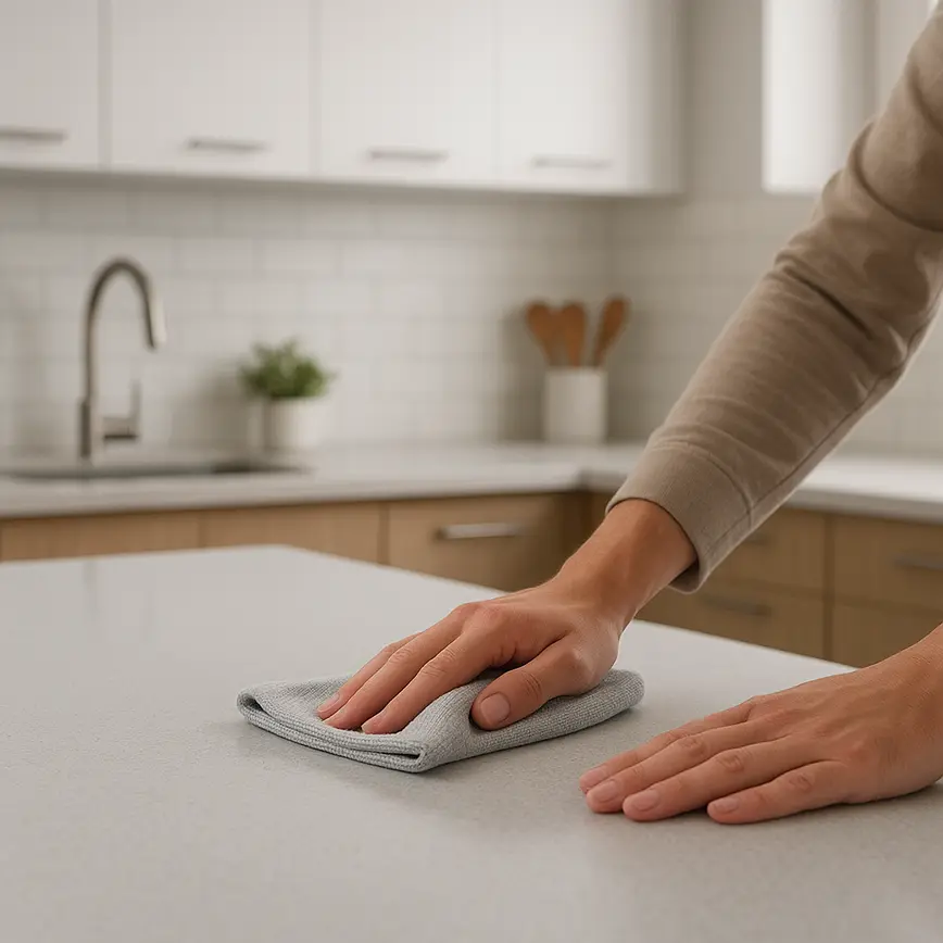 Bancada de quartzo branca com utensílios de cozinha em ambiente moderno