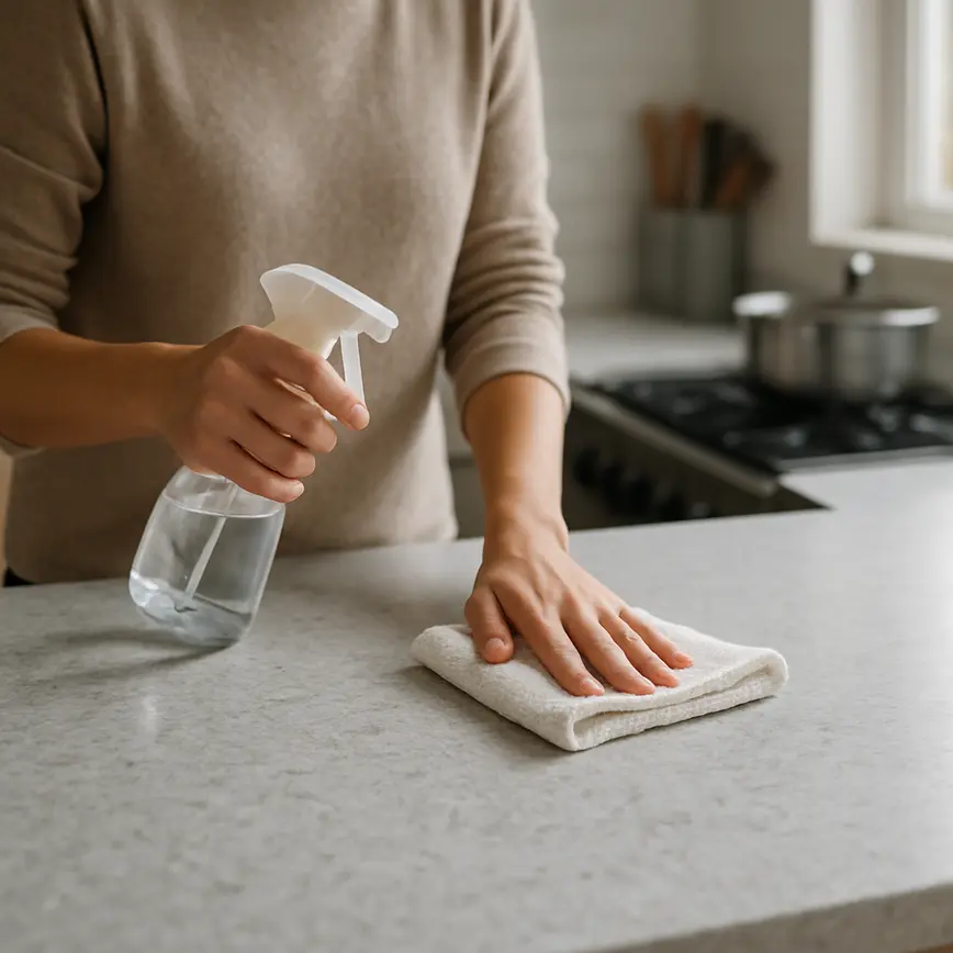 Pessoa limpando bancada de quartzo cinza claro em cozinha moderna