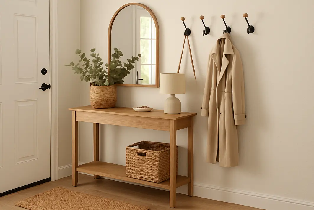 Mão ajustando banco de madeira com gavetas abertas mostrando compartimentos para chaves e bolsas na entrada