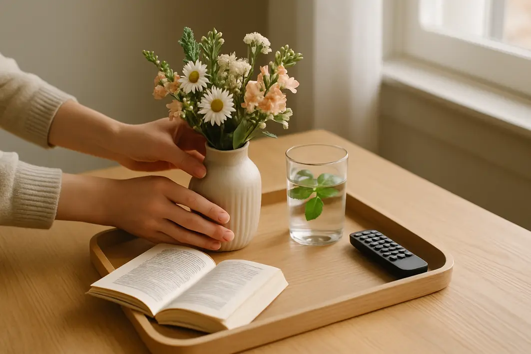 Mesa de madeira clara com bandeja decorativa contendo vaso de cerâmica com flores, livro aberto, copo com água e hortelã e controle remoto com mãos femininas tocando o vaso