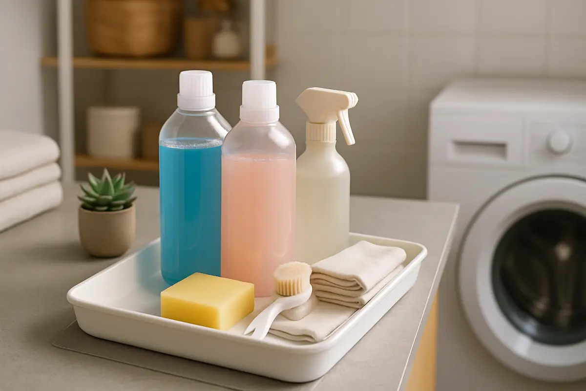 bandeja lavanderia organizacao produtos 1 Bandeja retangular branca com frascos translúcidos, esponja amarela, escova branca e pano cru dispostos sobre bancada cinza ao lado de lavadora branca e vaso com suculenta