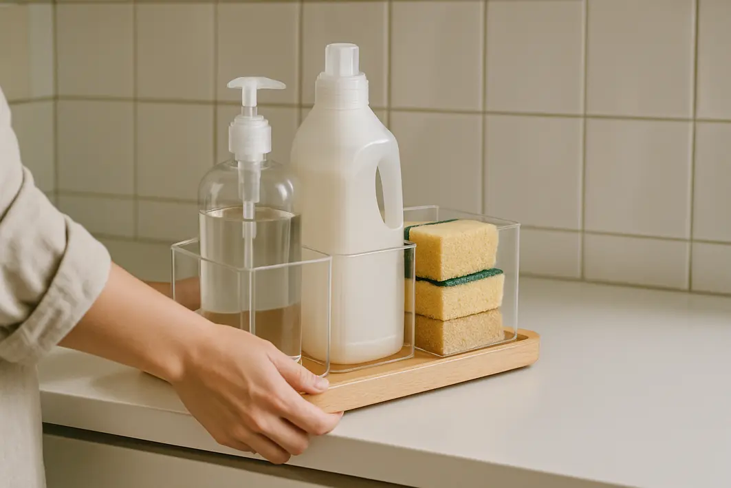 Mão segurando bandeja de madeira clara com organizadores transparentes contendo frascos de detergente, amaciante e esponjas sobre bancada branca de lavanderia com azulejos ao fundo