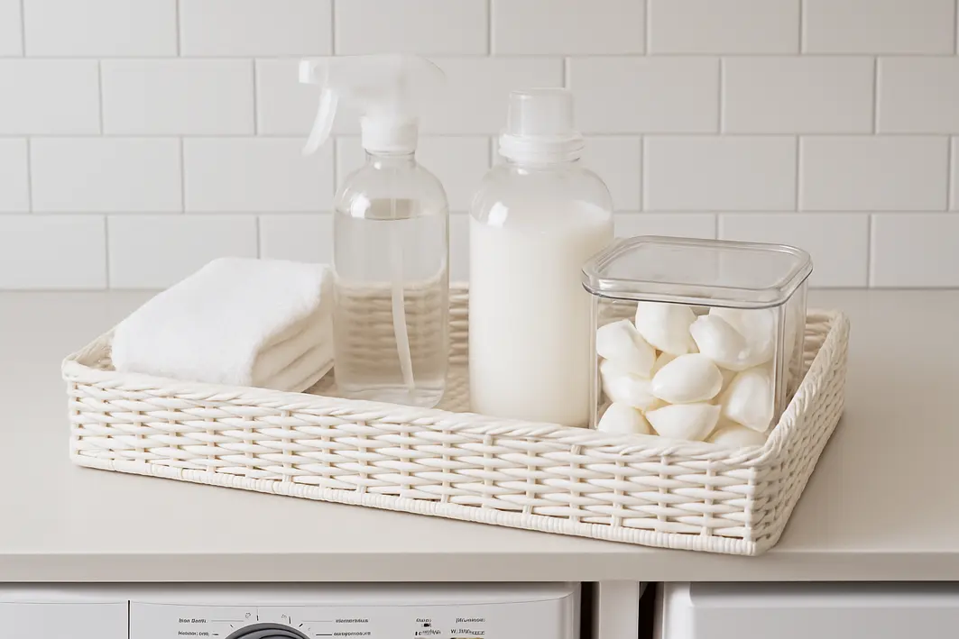 Mãos femininas organizando frascos de produtos de limpeza em bandeja de madeira sobre máquina de lavar roupa