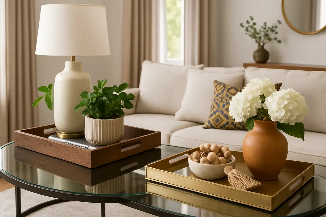 Bandeja de madeira clara sobre mesa natural com vaso de plantas, livro aberto, óculos e vela acesa sendo ajustados por mãos femininas