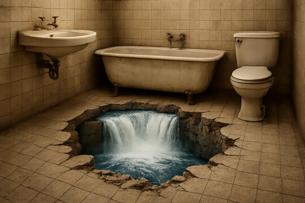 Mãos femininas aplicando adesivo 3D texturizado em azulejos de banheiro renovado com pia e espelho ao fundo