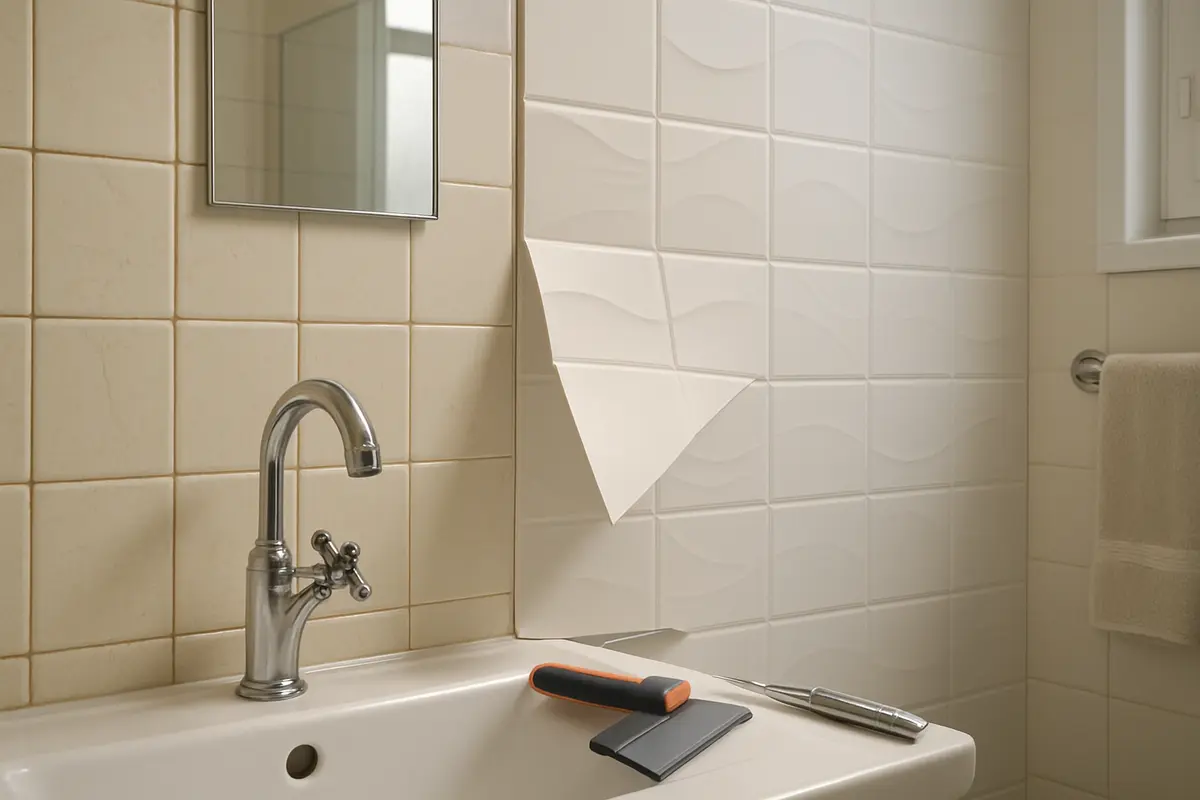 banheiro antigo adesivo 3d renovacao 1 Banheiro antigo parcialmente renovado com adesivo 3D na parede contrapondo azulejos cerâmicos envelhecidos e painel moderno com relevos geométricos