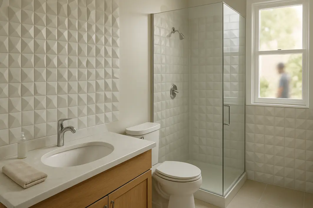 Banheiro antigo renovado com adesivos 3d em paredes lisas com painel atrás da pia e box