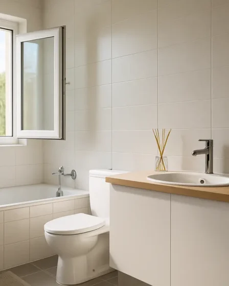 banheiro aroma spa difusor oleos essenciais Banheiro moderno e limpo com janela aberta, difusor de varetas e produtos naturais sobre bancada