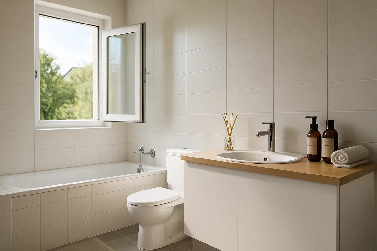 banheiro aroma spa difusor oleos essenciais Banheiro moderno e limpo com janela aberta, difusor de varetas e produtos naturais sobre bancada