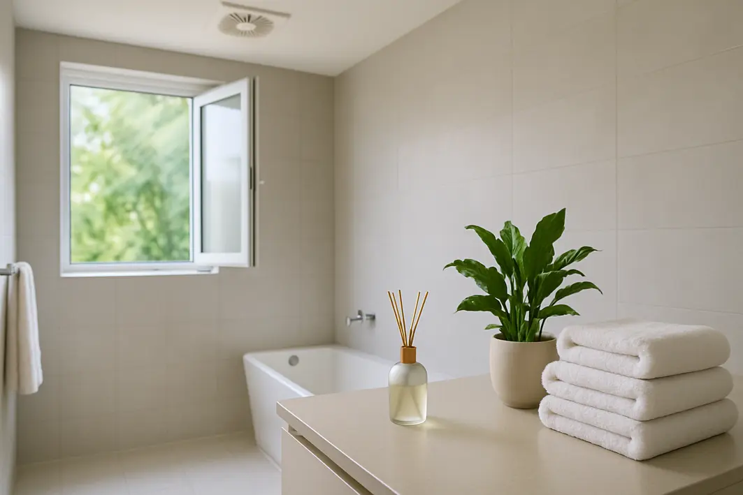 Banheiro amplo e iluminado com janela aberta, difusor elegante, plantas verdes, toalhas dobradas e exaustor no teto