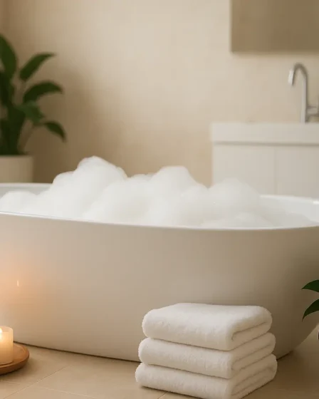 banheiro clima spa decoracao minimalista Banheiro elegante com banheira branca, espuma, velas acesas, toalhas brancas e plantas decorativas