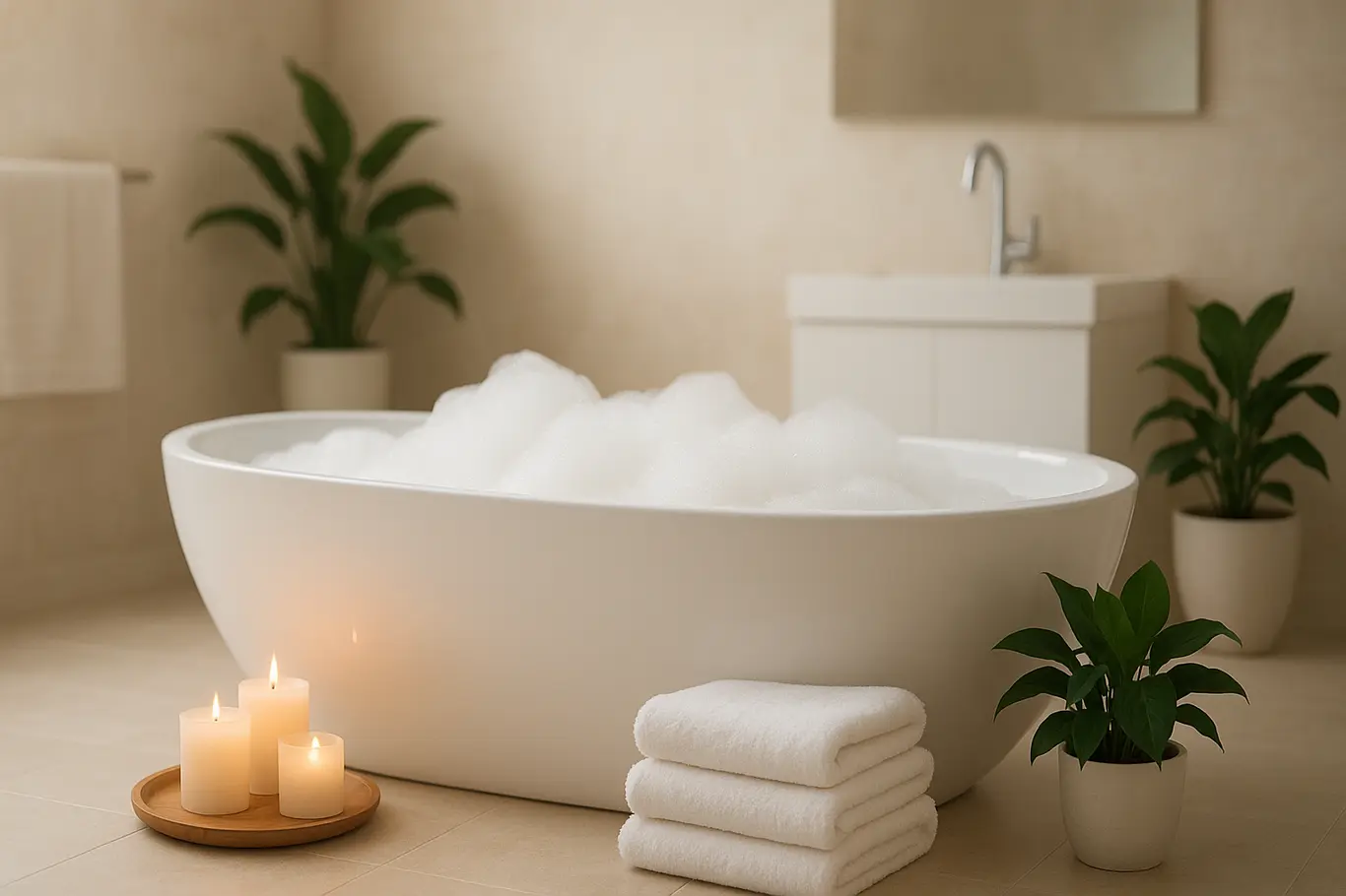 banheiro clima spa decoracao minimalista Banheiro elegante com banheira branca, espuma, velas acesas, toalhas brancas e plantas decorativas