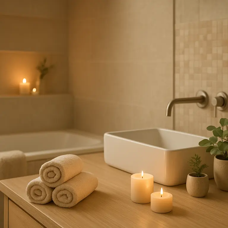 Banheiro moderno estilo spa com iluminação quente, bancada organizada com toalhas, velas e plantas, paredes em tons neutros e textura natural
