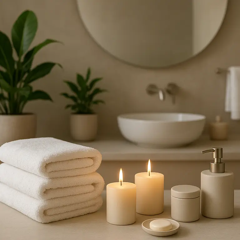 Banheiro moderno com elementos de spa como velas e plantas