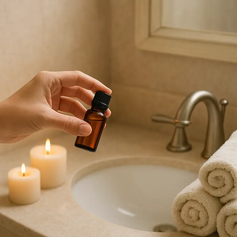 Pessoa segurando frasco de óleo essencial ao lado de pia decorada com velas acesas e toalhas enroladas