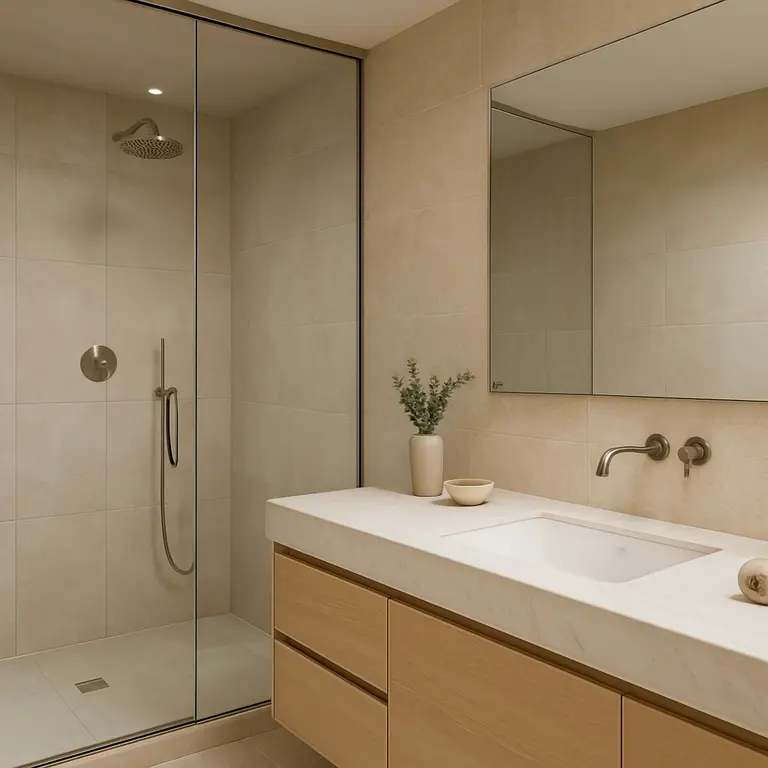 Banheiro moderno com ducha grande de vidro e piso claro