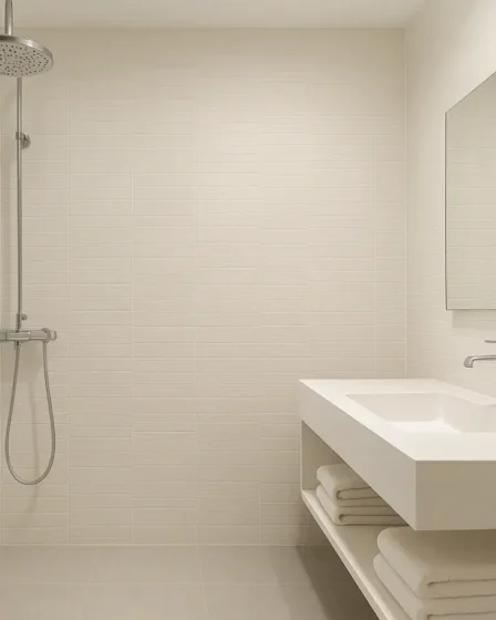 banheiro ducha grande moderno elegante Banheiro moderno com ducha grande de teto cromada, bancada branca minimalista e azulejos texturizados claros